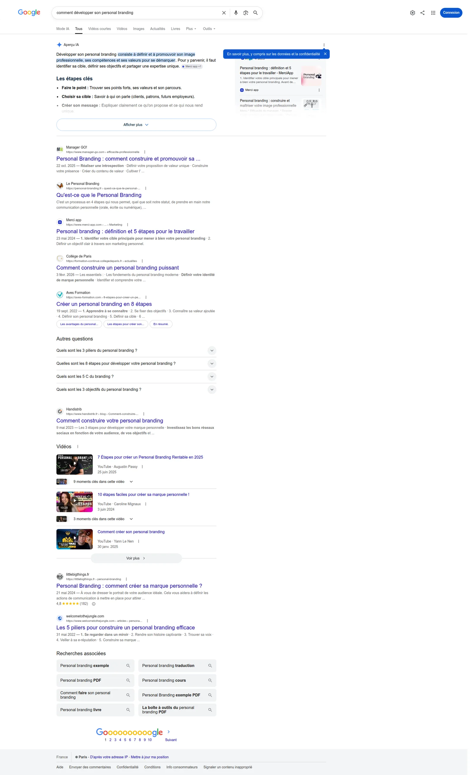 Capture d'écran des résultats de recherche pour la requête comment développer son personal branding