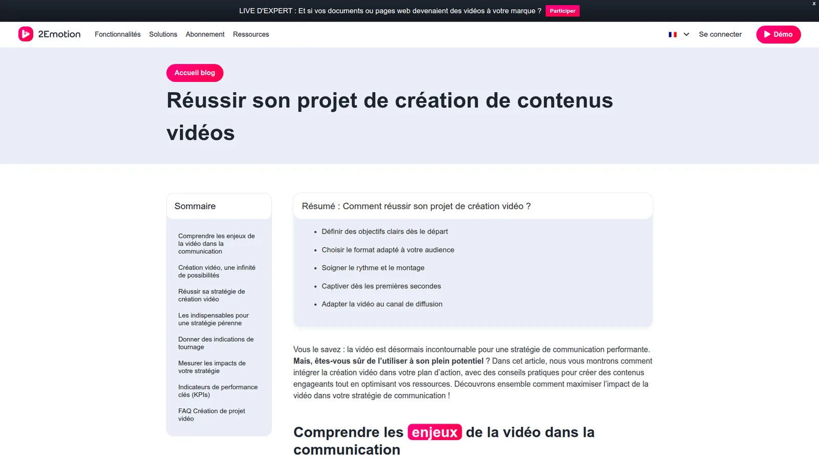 Capture de la page 2Emotion sur le projet de création vidéo