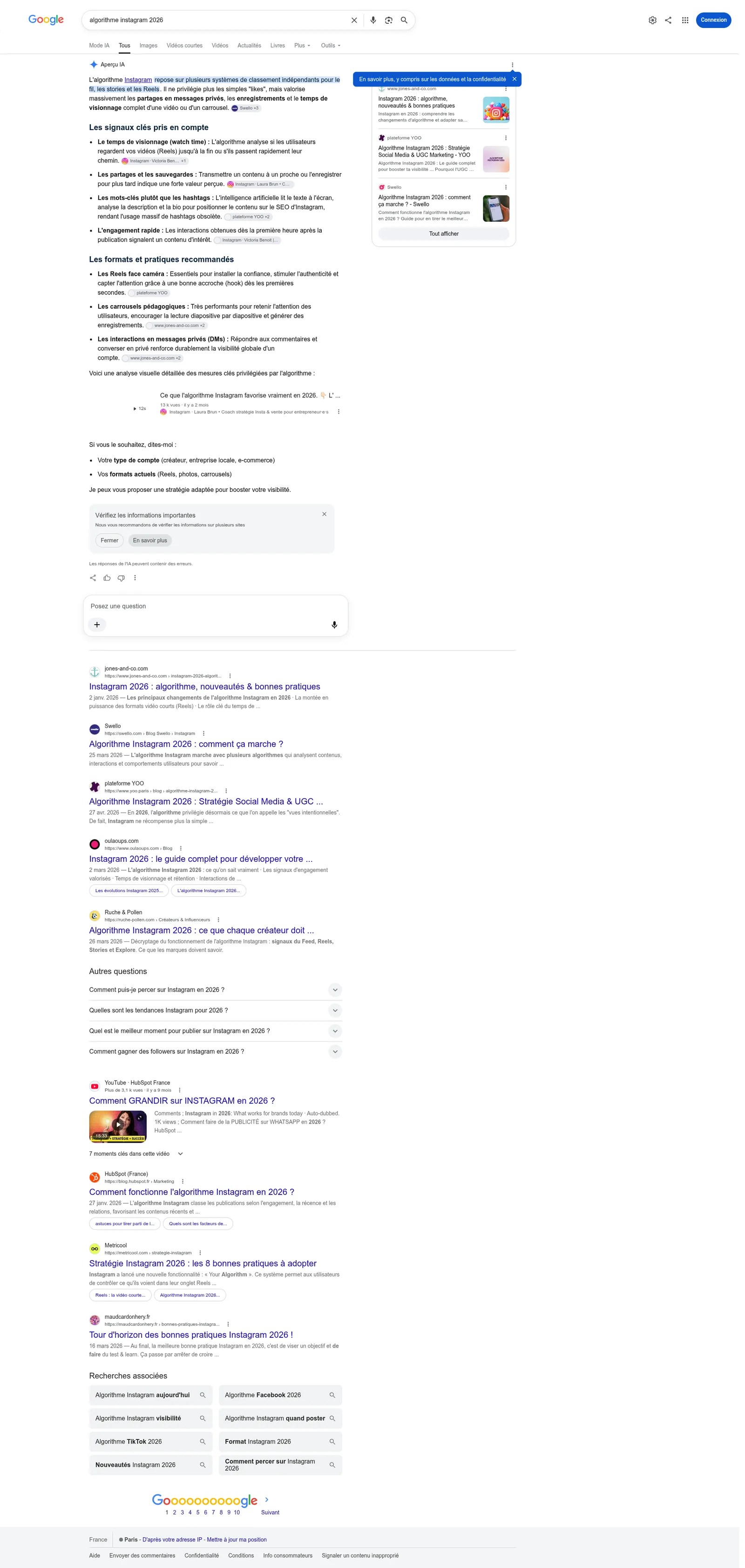 Résultats de recherche Google pour la requête algorithme instagram 2026