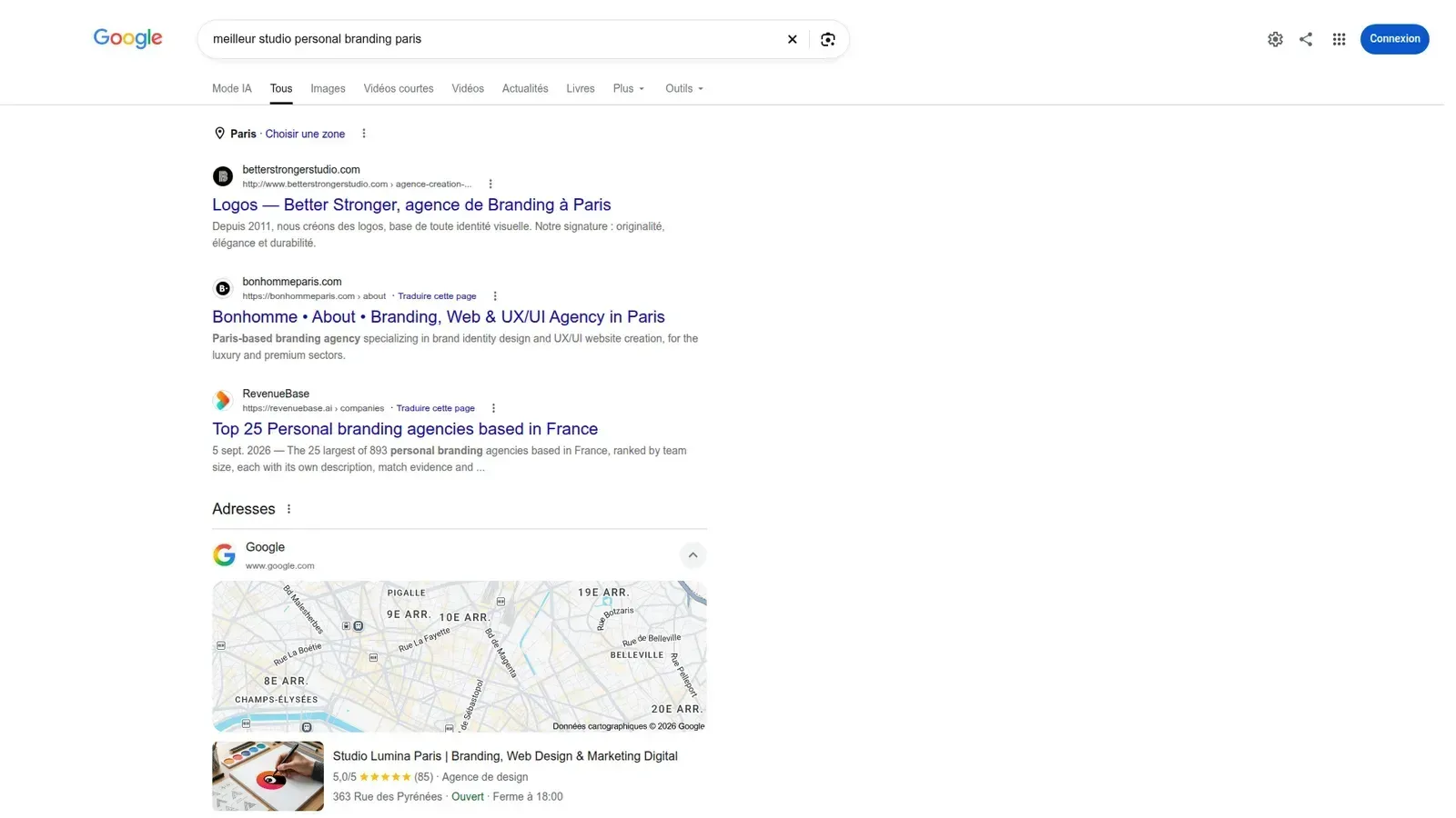 Résultats de recherche Google pour le meilleur studio de personal branding à Paris