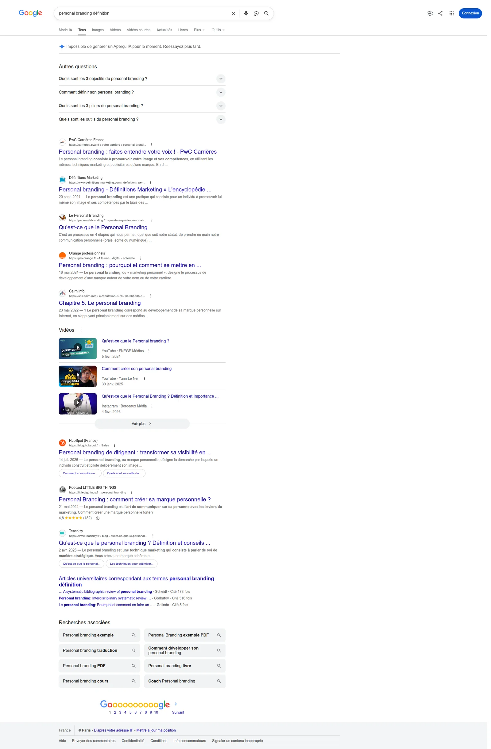 Capture d'écran des résultats de recherche Google pour la requête personal branding définition